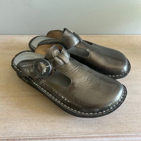 Shoes - Allegra Women’s Metallic Gray Mary Jane Comfort Clogs, Slip-On, Buckle Detail​
